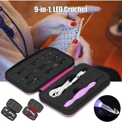 LED Crochet Hooks Knitting Needles Set with Light Rechargeable USB DIY Needle Arts Craft Scissors Stitch Markers Sewing Tools