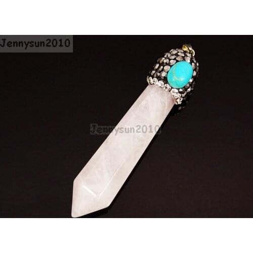 Natural Rose Quart-z Gems stones Hexagonal Pointed Tur-quoise Crystal Rhinestones Cap Pendant Necklace Jewelry 10Pcs/Pack