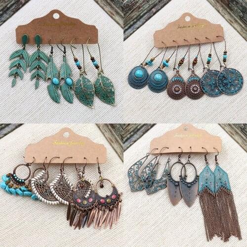 Multiple Womens Boho Ethnic Vintage Color Dangle Drop Earrings Sets Fashion Feather Wing Dreamcatcher Tassel Ear Charm Jewelry
