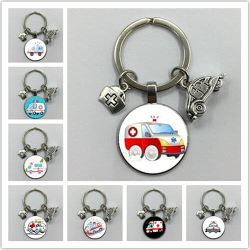 New ambulance medicine kit jewelry keychain glass pendant doctor keychain nurse souvenir graduation gift handmade