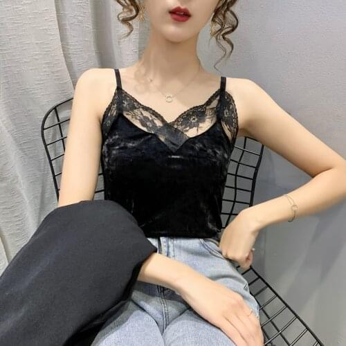 2021 summer new Korean Fashion Velvet Women Streetwear Sexy Tops Lace Sleeveless White Female Tank Tops black Shirt chic cloth
