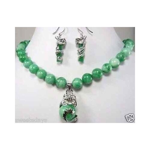 New Style Hot sale********beautiful green jade dragon pendant necklace earring set Fashion Wedding Party Jewellery