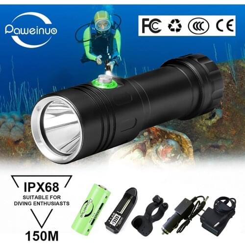 Paweinuo High power Scuba Dive Led Flashlight 18650 Rechargeable Underwater Lamp IP8 Waterproof Most Powerful Diving Torch Light