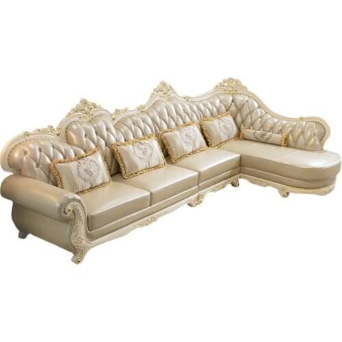 European style corner leather solid wood carved sofa net red living room villa luxury furniture