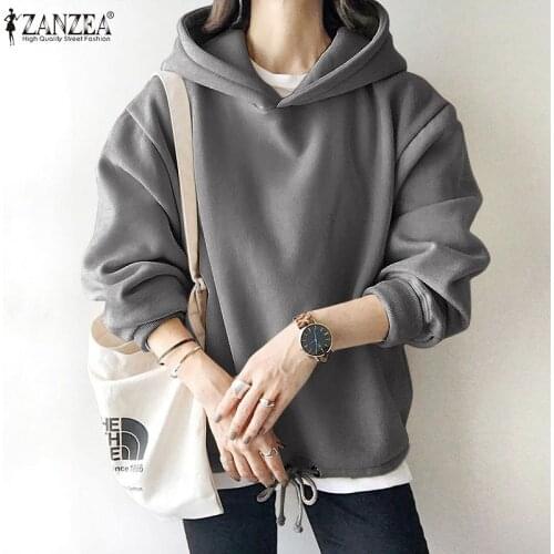 ZANZEA Femme Drawstring Stylish Hoodies Street Pullover Coat Autumn 2021Leisure Women Long Sleeve ONeck Elastic Waist Sweatshirt