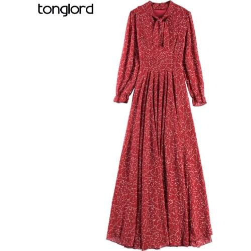 Women Gilt Printing Long Dresses With Lining Autumn Long Sleeve Female V-Neck Chiffon Maxi Dress Mujer Vestidos Plus Size S-4XL