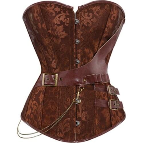Womens Brown Brocade Retro Bustiers Corsets Faux Leather Chains Steampunk Corset Plus Size S-6XL Sexy Lingerie Corset Top