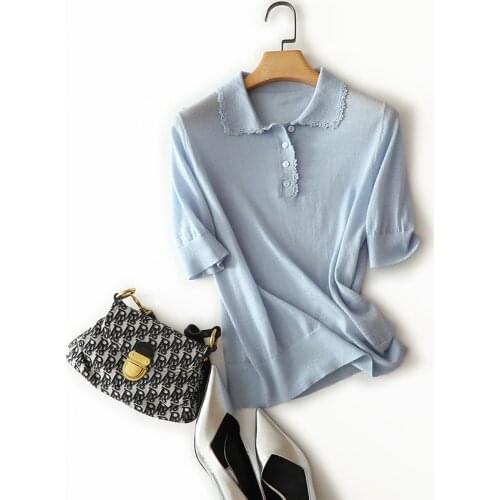 Ladies 100% worsted cashmere polo neck short sleeve knitted buttons sweater pullovers