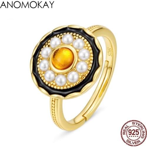 Anomokay New Design Pearl Round Gold Color Rings for Women Luxury Gift 925 Sterling Silver Amber Resizable Rings for Party