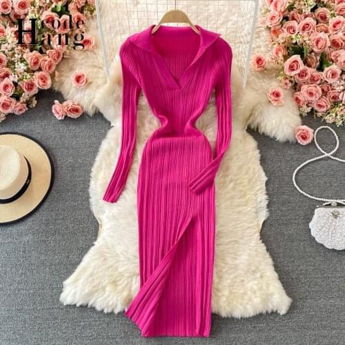 HangCode Europe Fashion Sexy Package Hips Split Bodycon Dress Autumn Long Sleeve Knitted Midi Dress Slim Stretchy Women Dress