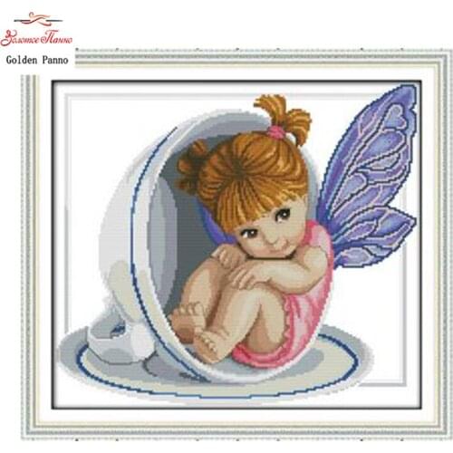 Golden Panno,Little Angel In The Cup Patterns Counted Cross Stitch 11 14CT Cross Stitch Sets Chinese Cross-stitch Embroidery0123