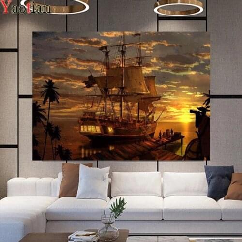 Sea Boat sunset view DIY diamond embroidery full drill diamond painting Cross Stitch Pirates Ship Rhinestone mosaic home decor