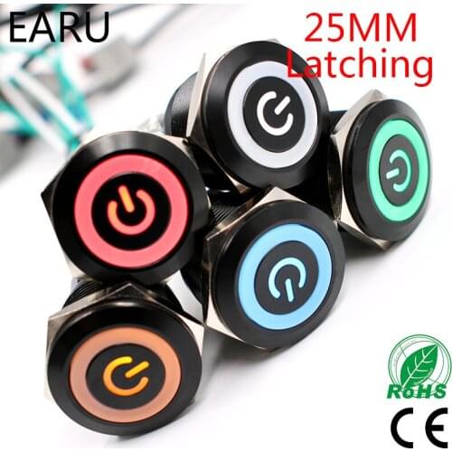 22mm Alumina Black Body Press Metal Push Button Switch LED Light Waterproof Latching Fixation Self-lock Maching Power Mark 5V