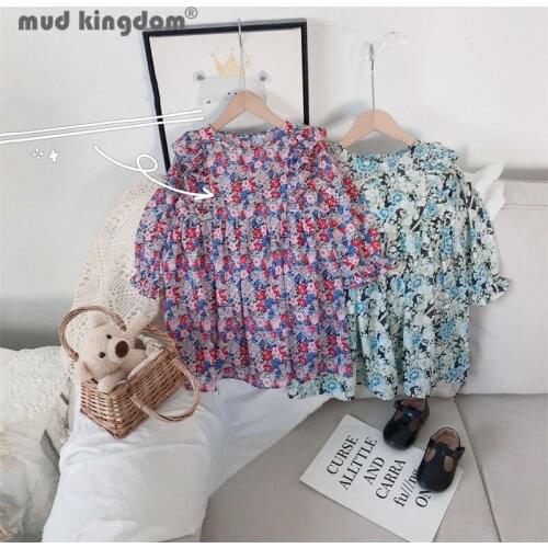 Mudkingdom Girl Floral Dress Print Ruched Puff Sleeve Button Spring Princess Dresses for Little Girls Long Sleeve Kids Clothing
