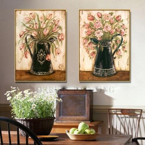 Europe Retro Classical Pink Flowers Vase Canvas Painting Home Dining Decor Wall Art Posters And Prints Pictures For Living Room