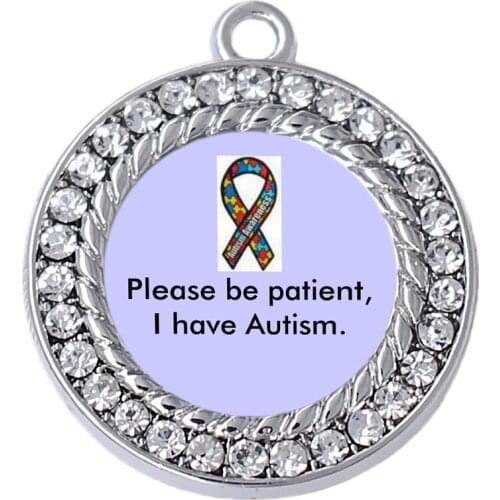 Exquisite autism jigsaw ribbon charm with autistic patient monologue please be patient i have autism label pendant