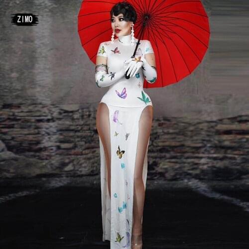 Chinese Style Elegant Hanfu Cheongsam Women White Gown Butterfly Print Stage Costume Female Traditional Oriental Dance Costume
