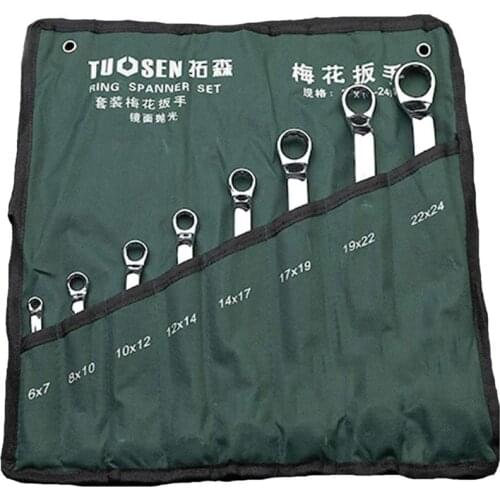 TUOSEN Ratchet Wrench Set, Ring Wrench Set, 8-Piece Set, with Canvas Storage Bag