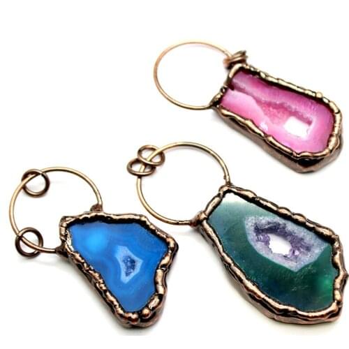 New Arrival Agates Geode Slab Necklace Vintage Pendants Soldered Antique Copper Loop Accessories For BOHO DIY Jewelry Making