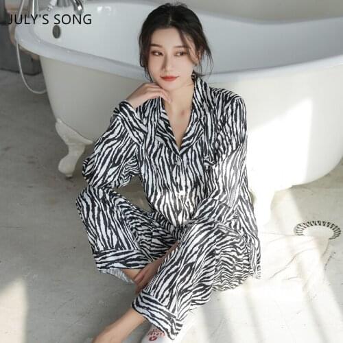 JULYS SONG Ice Silk Woman Pajamas Set Zebra Striped Print Casual Loose Stain Spring Autumn Sleepwear 2 Pieces Pyjama Suit