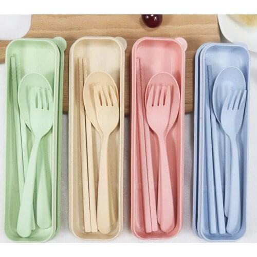 Portable Wheat Straw Tableware Eco-friendly Spoon Fork Chopsticks Sets Tablewares Reusable Travel Camping Cutlery Set SN765