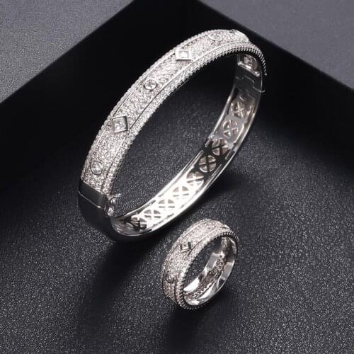 Janekelly Luxury 2PCS Dubai Bangle Ring Set Fashion Jewelry Sets For Women Wedding Engagement brincos para as mulheres 2020