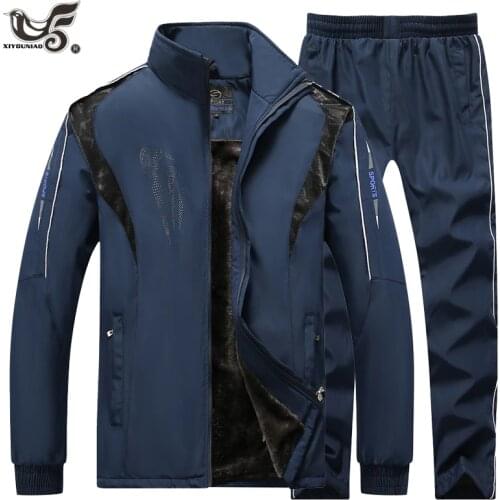 Mens track suit Set winter tracksuit Men Sportswear Two Pieces wool Liner Sport Suit Jacket+Pant Sweatsuit Male Brand Clothing
