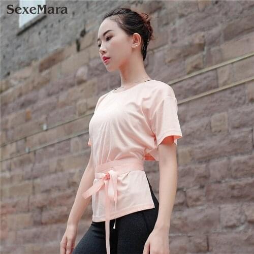 SexeMara Short sleeve Quick dry breathable yoga shirt women sports designs clothes pink black waist tie Tshirt female