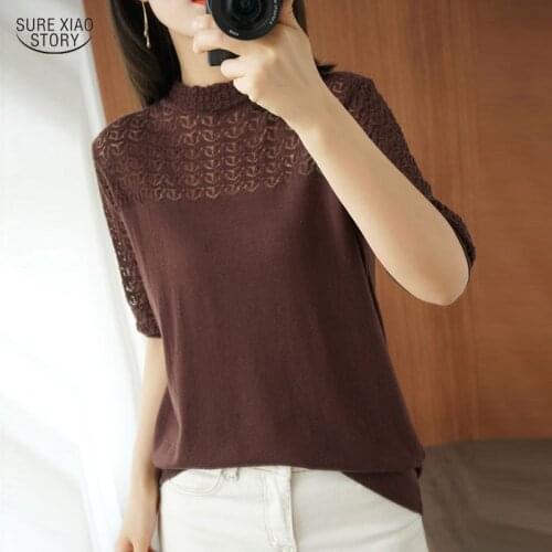 Female Hollow Out Turtleneck T-shirts Summer Cotton Knitted Short Sleeve Women T-shirts Pullover Ladies Tops Clothing 13774