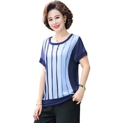 Omen Loose Tops Tees 2021 New Summer Casual Fashion stripe Short Sleeve T-Shirt Plus size middle age mother tee shirts