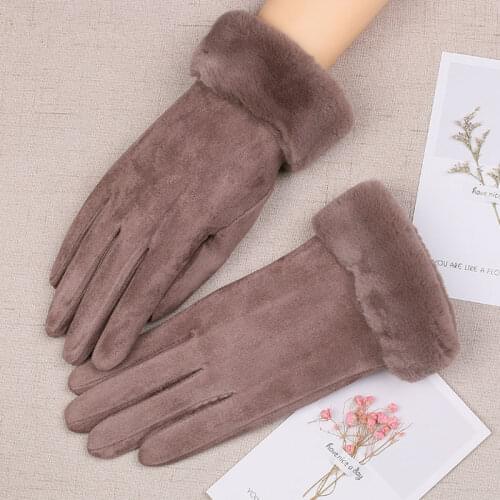 Women Plus Thick Velvet Plush Wrist Simple Suede Leather Touch Screen Driving Gloves Winter Female Warm Sport Cycling Mitten I33