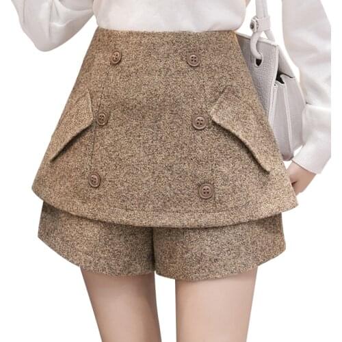 S-2XL Autumn Winter Shorts Boot Woolen Double-Breasted Skirt Shorts Zipper Texture Tweed Wide Leg Shorts Plus Size Shorts Black
