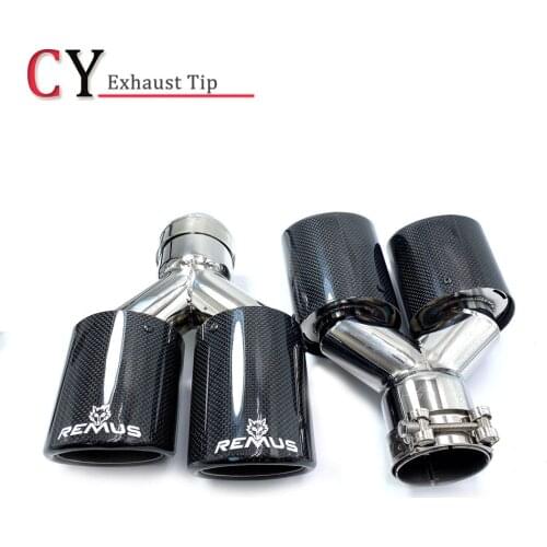 2PCS L+R Universal Glossy Curly Carbon Fiber Exhaust Pipe Dual Exhaust Tip Stainless Steel Muffler Pipe With Remus Logo