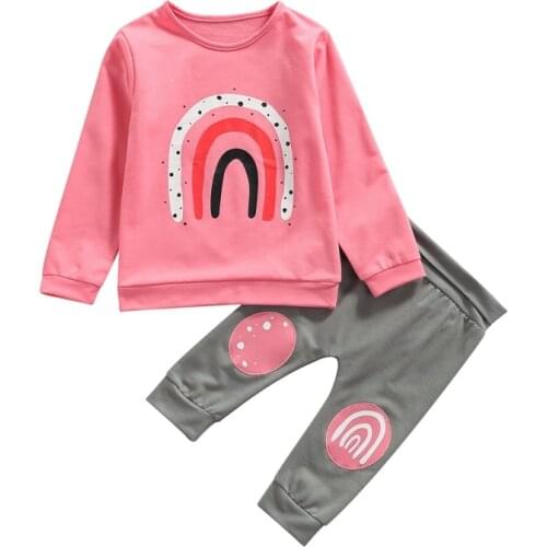Toddler Kids Baby Girl Boy 2Pcs Autumn Spring Outfits Casual Long Sleeve Rainbow Print Pullover and Pants Set