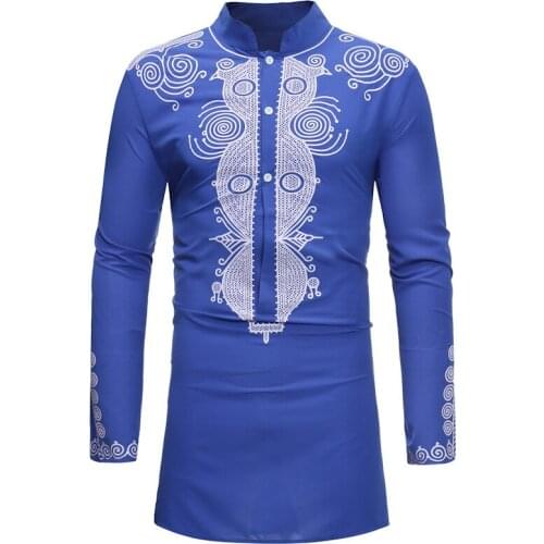 African Dashiki Print Longline Shirt Men Hipster African Clothes Slim Fit Long Sleeve Camisa Social Masculina African Clothing