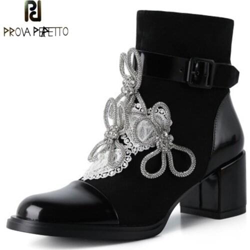 Fashion Boots High-heeled Cow Patent Leather Stitching Rhinestone Flower Belt Buckle Round Head Thick Heel Short Boots Women