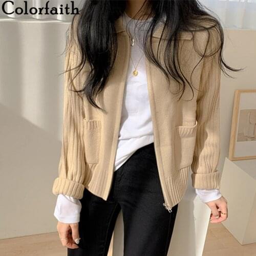 Colorfaith New 2021 Womens Autumn Winter Sweaters Fashionable Elegant Zipper Cardigan Vintage Pockets Short Knitwear SWC5280