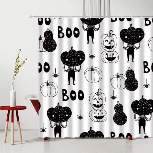 Child Shower Curtain Black And White Cartoons Heart Shape Pumpkin Pattern Bathtub Decor Hanging Curtain Multiple Size With Hooks