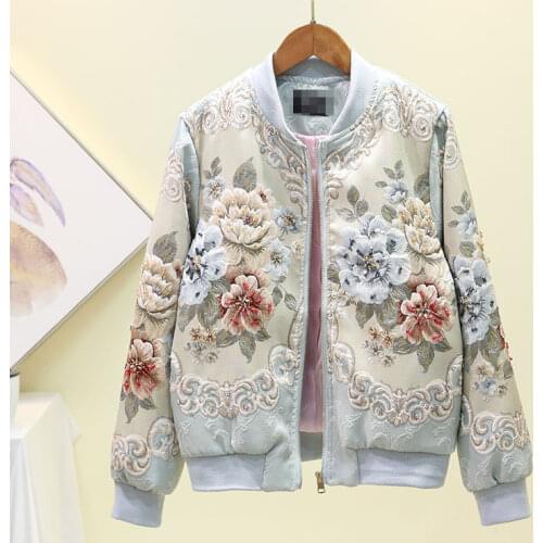 Design womens fashion casual o-neck long sleeve 3D flower jacquard beading rhinestone luxury short jacket coat casacos S M L
