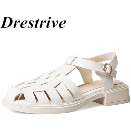 Drestrive Fashion Women Sandals Low Heels Beige Round Toe Patent Leather Buckle 2021 Summer Casual Shoes Platform Cow