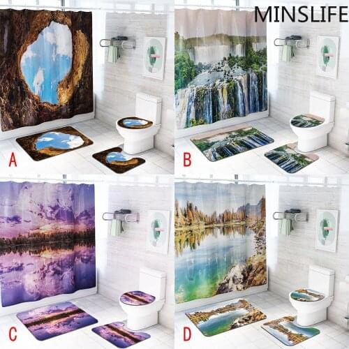 Natural Scenery Waterproof Shower Curtain Bathroom Lake Waterfall Printed Bath Mat Set Pedestal Rug Lid Toilet Cover Home Decor