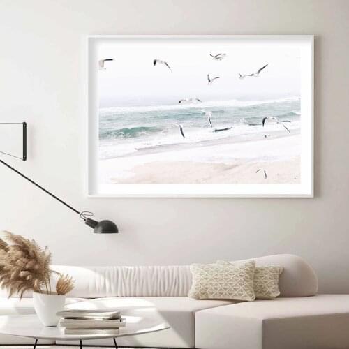 Beach Coastal Seagull Landscape Painting Pictures Self-adhesive Wall Stickers Wall Art Prints Poster for Living Room Decoration