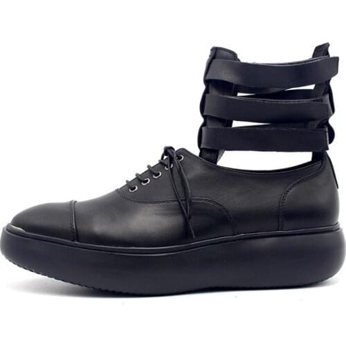 Black Men Fashion Genuine Leather Handmade Classical Rome Hollow Out High Top Thick Bottom Casual Leather Boots Free Shipping