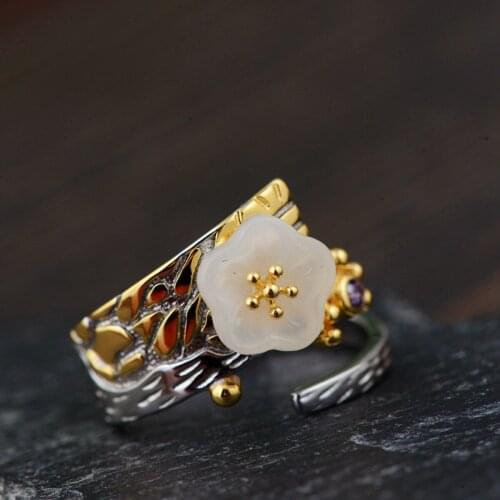 S925 silver plating process ring opening for women wholesale silver inlaid hetiannatural stone plum flower ring