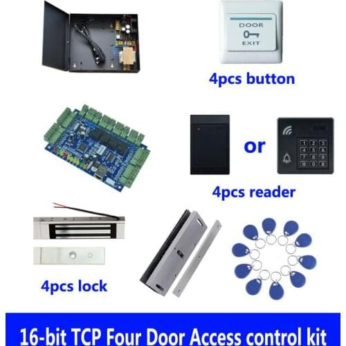 Access control kit,TCP four door access control+powercase+180kg magnetic lock+U-bracket+ID reader+button+10 ID tag,sn:kit-B404