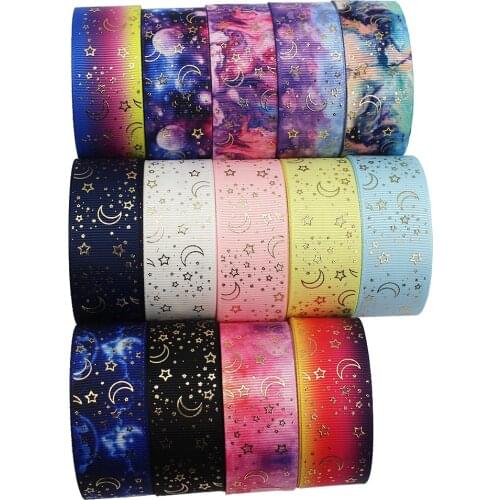 L-201014-1210,1‘’ 25mm,5yards Hot Gold Star and Moon Webbing For Hair Ornament Bow Decoration Craft Accessories