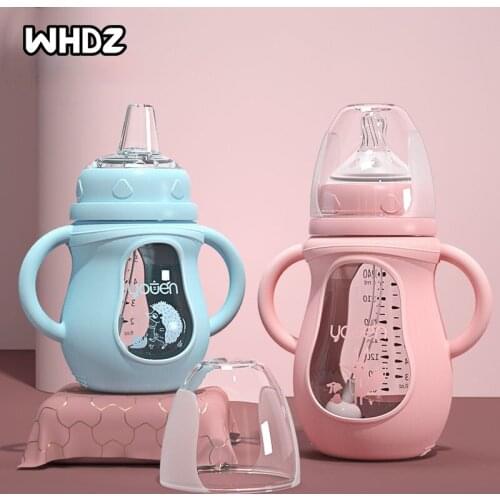 Cute Glass Baby Bottle Soft Feel Silicone Straw Water Drink Bottles For Baby Milk Feeder Set Baby Feeding Bottle