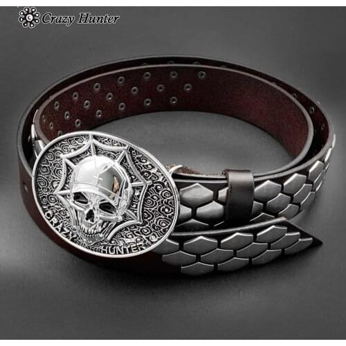 Skull Buckle Mens Genuine Leather Belts Biker Rock Studded Waist Belt