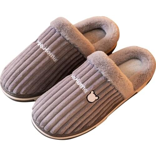 2021 New Men Home Slippers Winter Warm Soft Fluffy Slippers Stripe Non-slip Indoor Slides Corduroy Female Shoes Bedroom Slippers