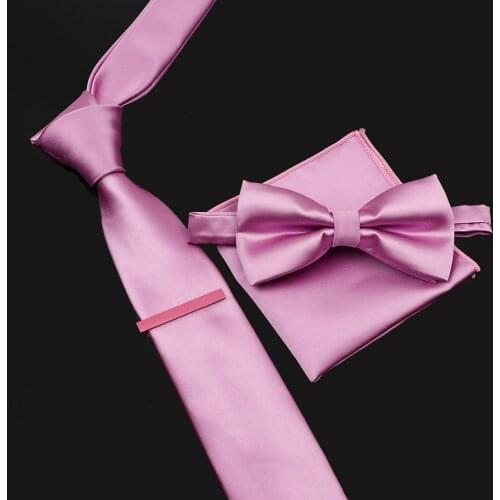 New Mens 6cm Tie Bowtie Clip Set Business Black Blue Pink Solid Color Polyester Jacquard Woven Necktie Formal Wedding Gravatas